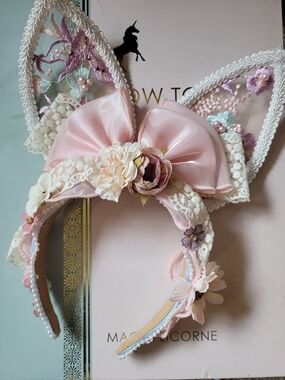 Pink Floral Lace Bunny Ear Headband